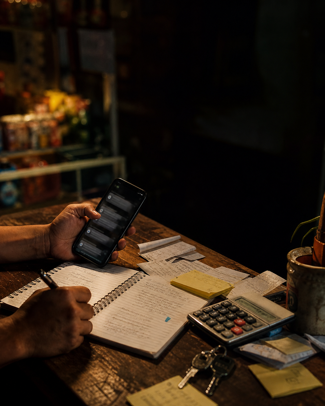 Dueño de pulpería anotando ventas en una libreta con el teléfono en la mano