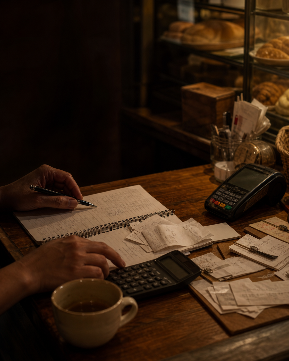 Recibos, libreta y datáfono en el mostrador de una panadería costarricense
